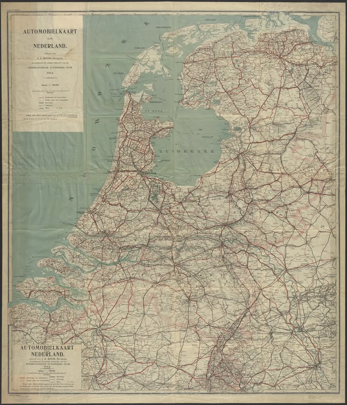 Automobielkaart van Nederland, uitgegeven door J.A. Boom in 1912.