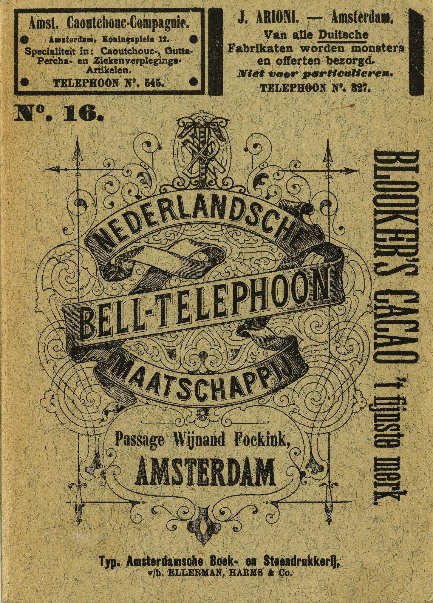 De voorkant van een telefoongids van de Nederlandsche Bell Telephoon Maatschappij uit juli 1891. Een vroege voorloper van de gidsen die later in veel huishoudens lagen.